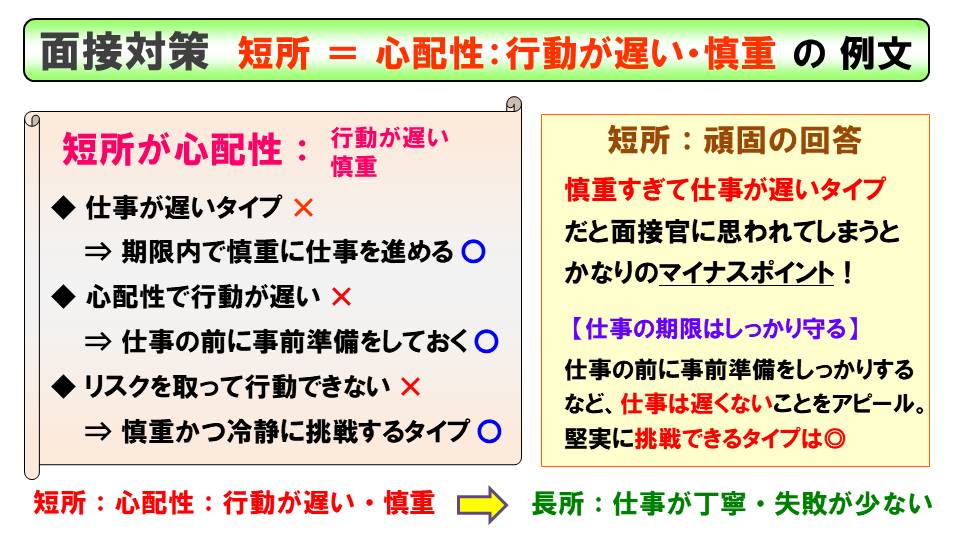 面接の質問 短所の回答例 心配性 行動が遅い 慎重 例文 就職 転職まとめ 面接対策 短所 自己紹介